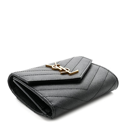 Saint Laurent Grain De Poudre Matelasse Chevron Monogram Compact Tri Fold Wallet Black 4 of 7