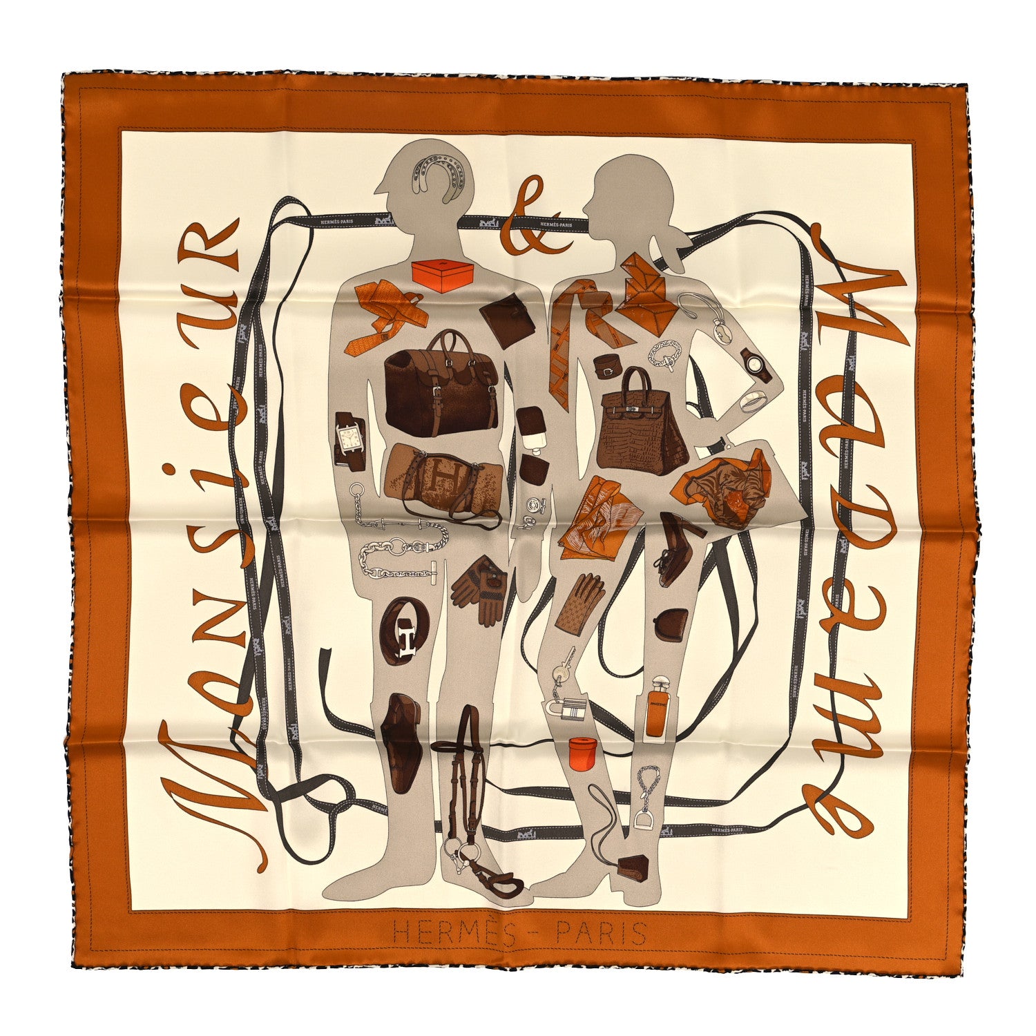 Hermes Vintage Silk Monsieur Et Madame Scarf 70 Caramel Creme Marron 1 of 3