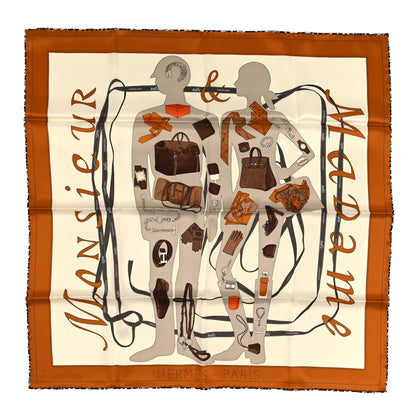 Hermes Vintage Silk Monsieur Et Madame Scarf 70 Caramel Creme Marron 1 of 3
