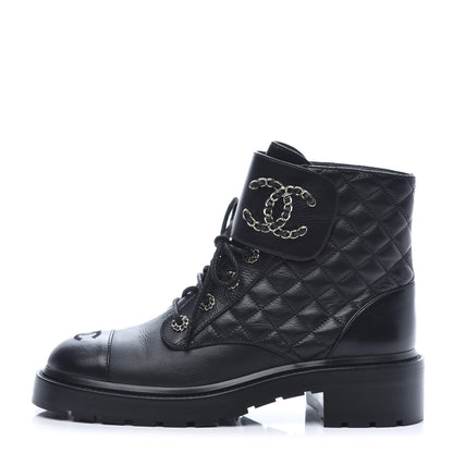 Chanel Shiny Goatskin Calfskin Quilted Lace Up Combat Boots 40.5 Black 1 of 9