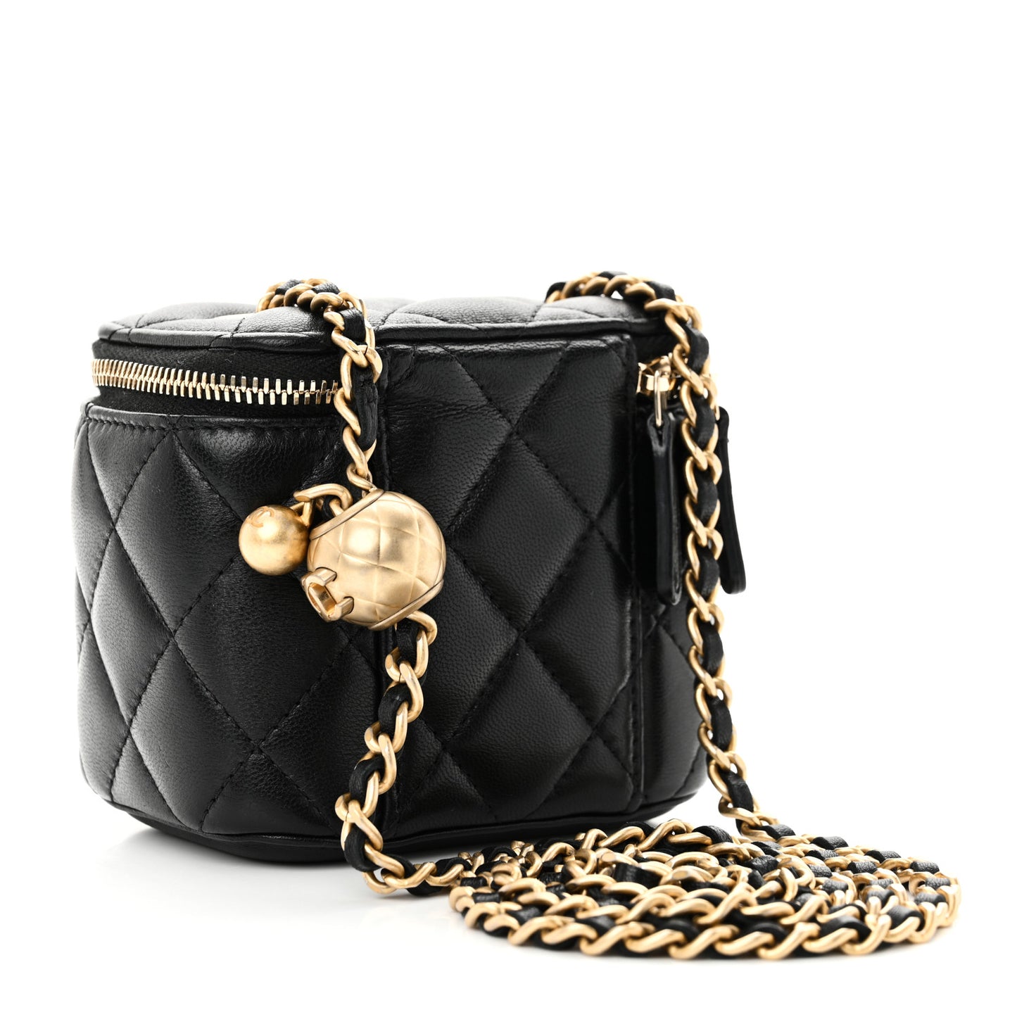 Lambskin Quilted Mini Pearl Crush Vanity Case With Chain Black