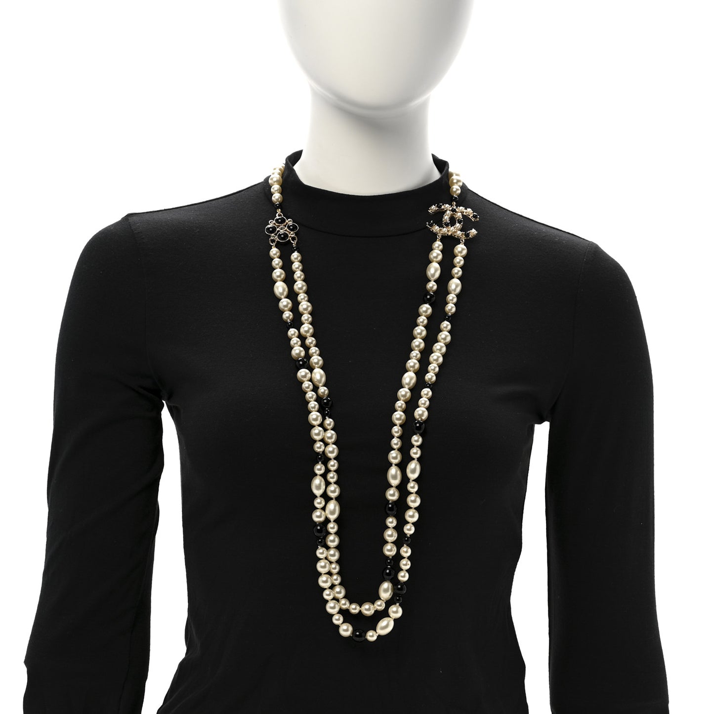 Pearl Resin Crystal CC Long Necklace Black Gold