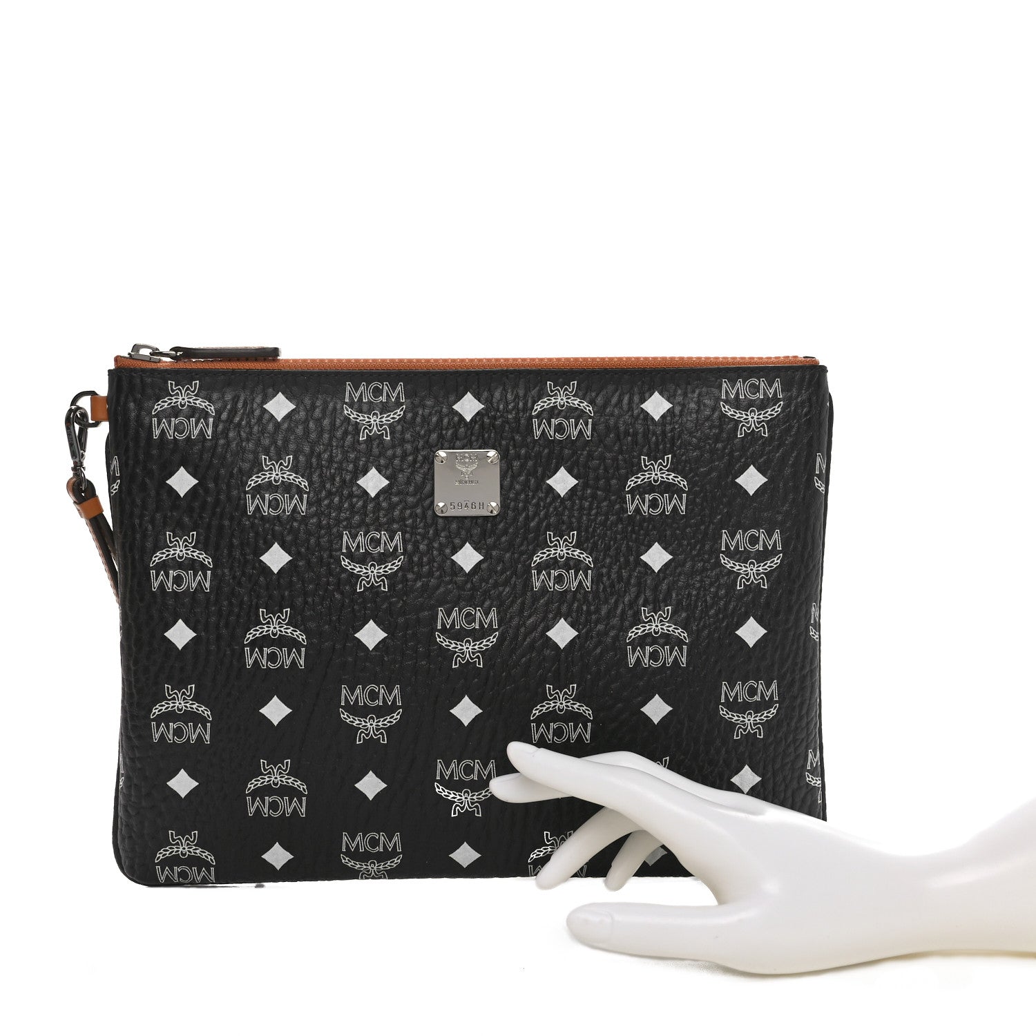 MCM Visetos Medium Stark Wristlet Pouch Black Cognac 2 of 8