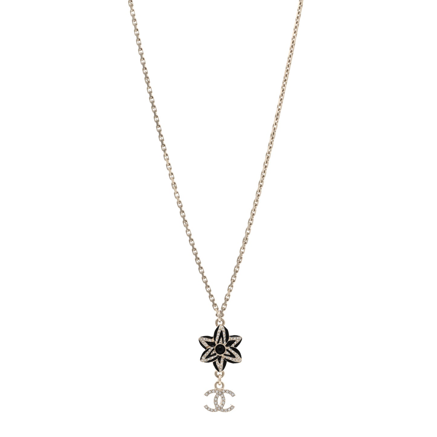 Enamel Crystal CC Camellia Flower Necklace Gold Black