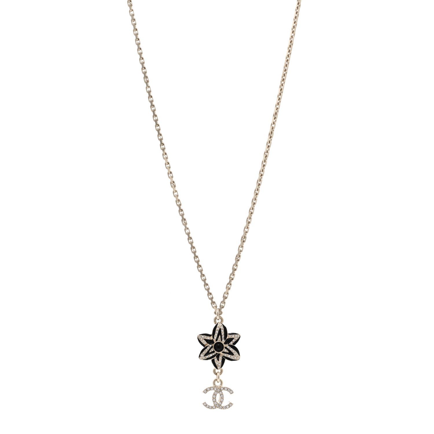 Chanel Enamel Crystal CC Camellia Flower Necklace Gold Black 1 of 4