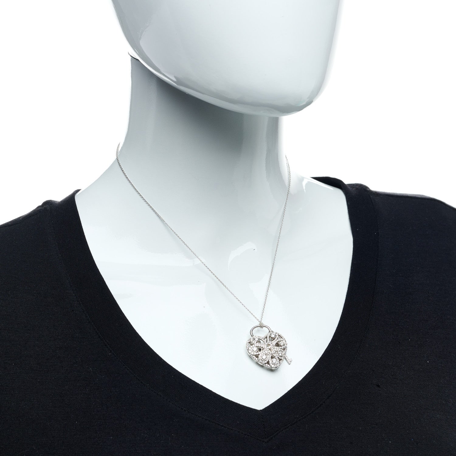 Tiffany 18K White Gold Diamond Large Filigree Heart Key Pendant Necklace 2 of 5
