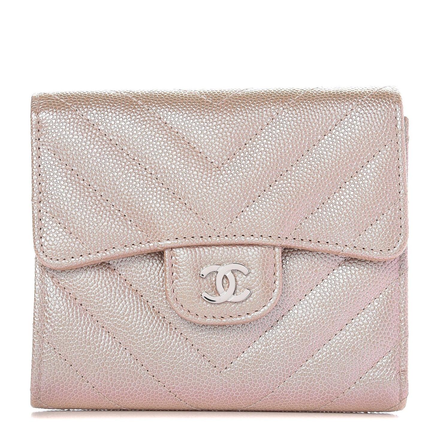 Metallic Caviar Chevron Quilted Compact Flap Wallet Light Gold