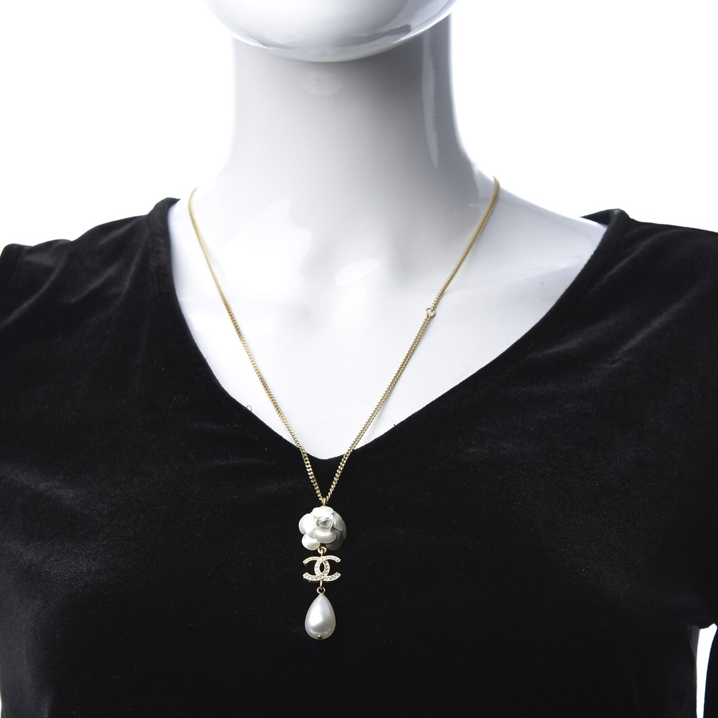 Crystal Pearl CC Camellia Necklace Gold