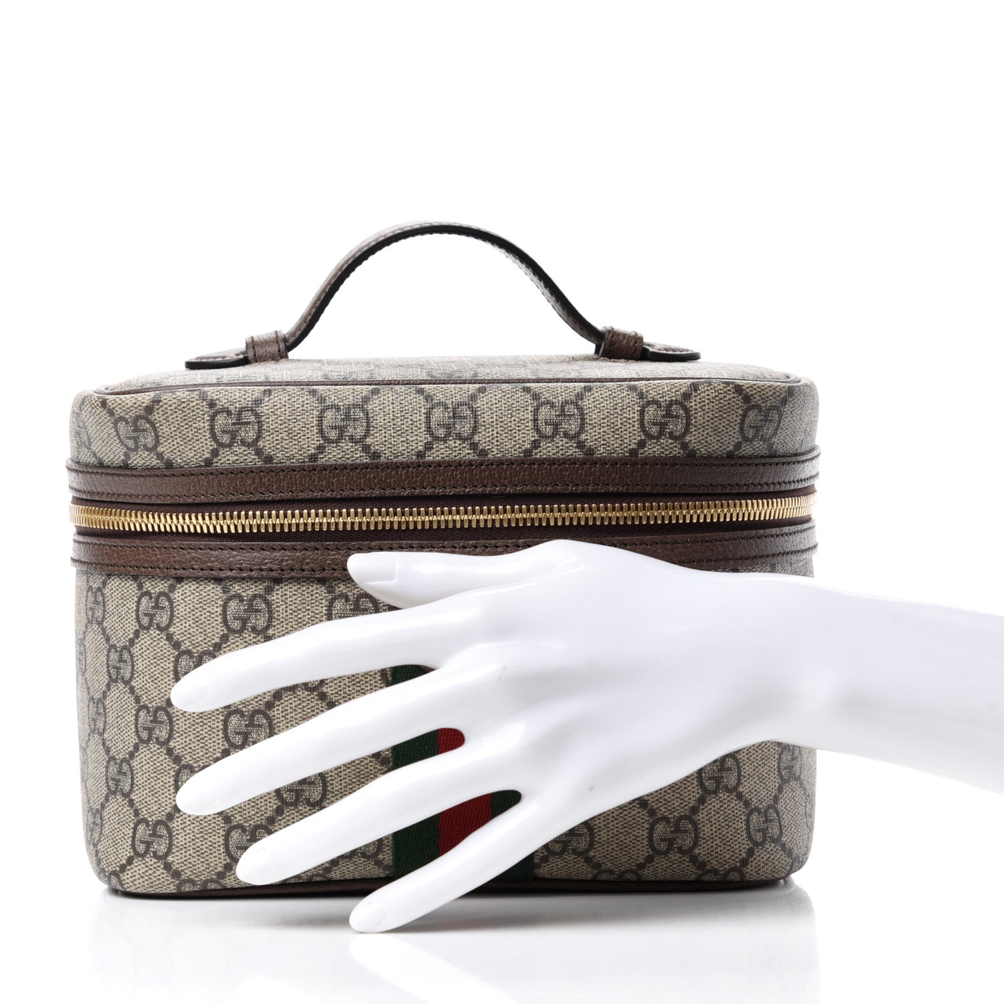 GG Supreme Monogram Textured Calfskin Web Small Ophidia Vanity Cosmetic Case Beige Ebony New Acero