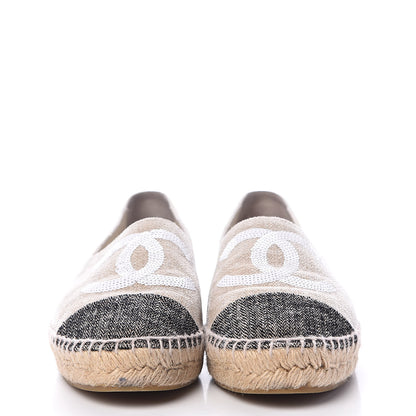 Chanel Toile Sequin CC Espadrilles 38 Beige Black 2 of 10