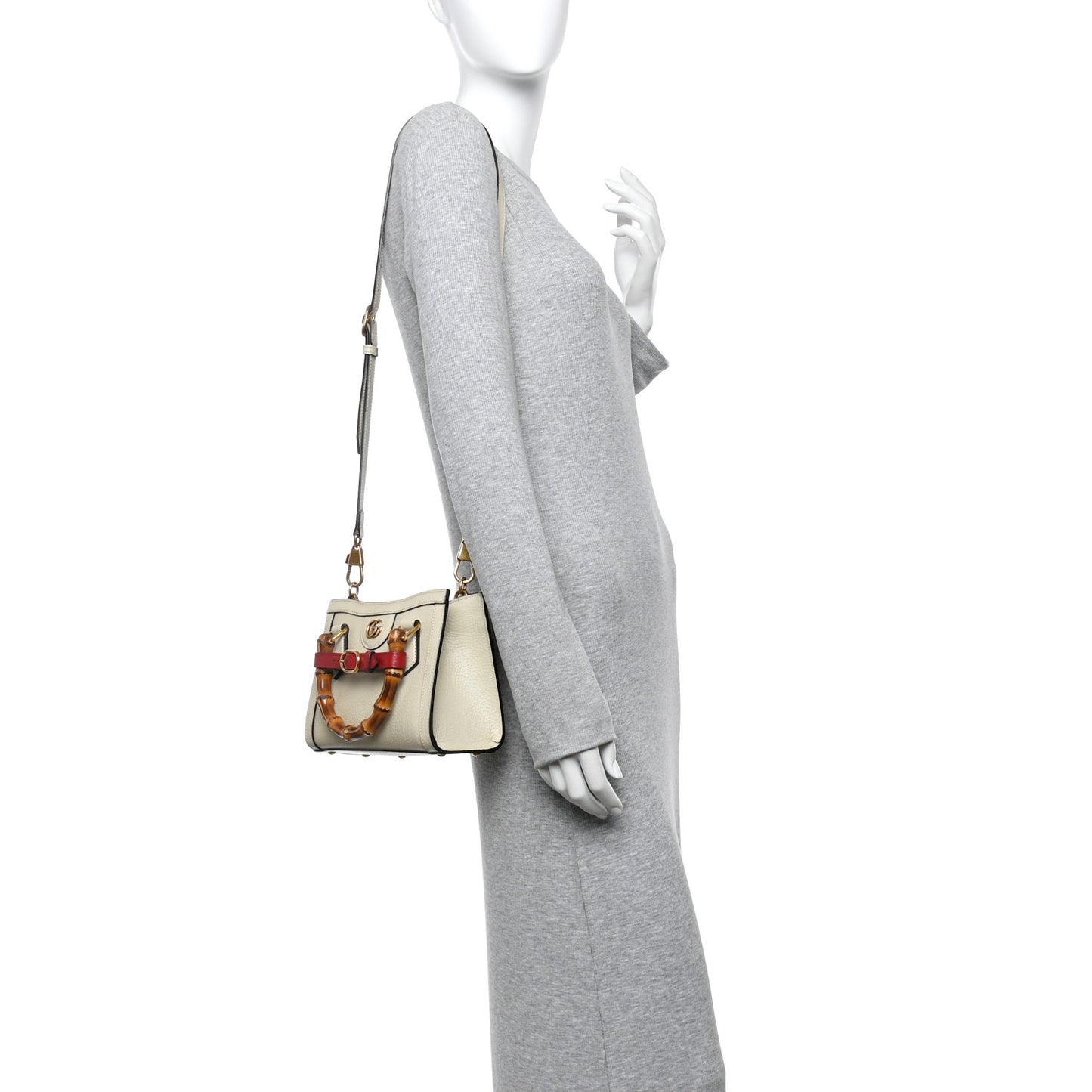 Textured Dollar Calfskin Web Mini Diana Tote Bag Mystic White