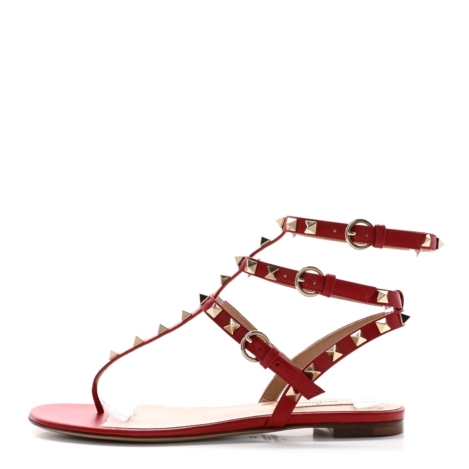 Valentino Garavani Calfskin Nappa Rockstud Ankle Wrap Flat Thong Sandals 37 Rouge Pur 1 of 11