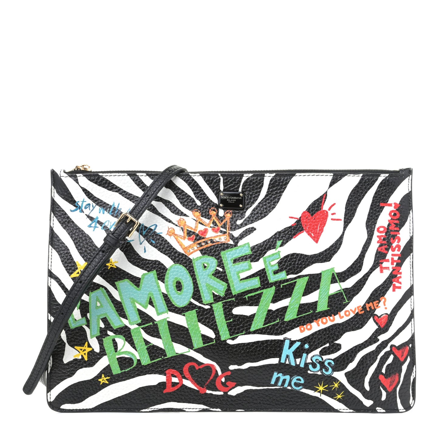 Calfskin Zebra Graffiti Print Cleo Crossbody Pouch Black Multicolor