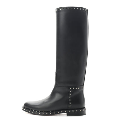 Valentino Garavani Calfskin Soul Rockstud Knee High Flat Boots 38.5 Black 1 of 6