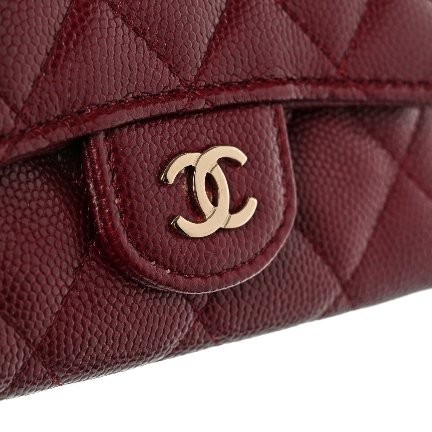 Caviar Quilted Flap Card Holder Wallet Burgundy