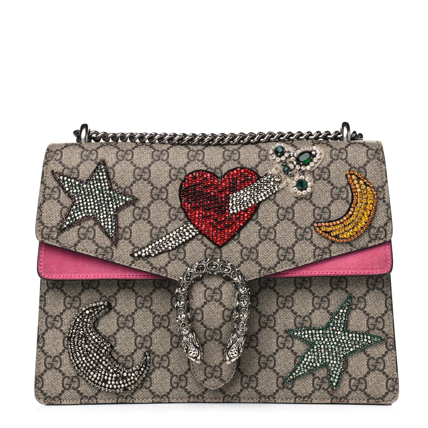 GG Supreme Monogram Suede Pierced Heart Embroidered Medium Dionysus Shoulder Bag Beige Ebony Pink Tropical Flower