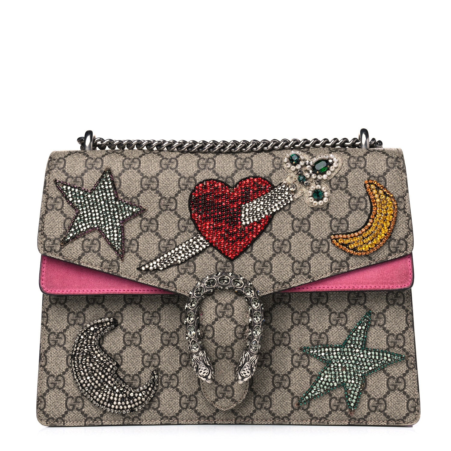 Gucci GG Supreme Monogram Suede Pierced Heart Embroidered Medium Dionysus Shoulder Bag Beige Ebony Pink Tropical Flower 1 of 15