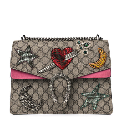 Gucci GG Supreme Monogram Suede Pierced Heart Embroidered Medium Dionysus Shoulder Bag Beige Ebony Pink Tropical Flower 1 of 15