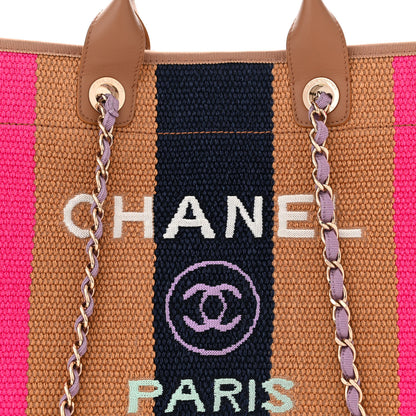 Chanel Straw Raffia Calfskin Striped Medium Deauville Tote Dark Beige Fuchsia Navy Blue 8 of 10