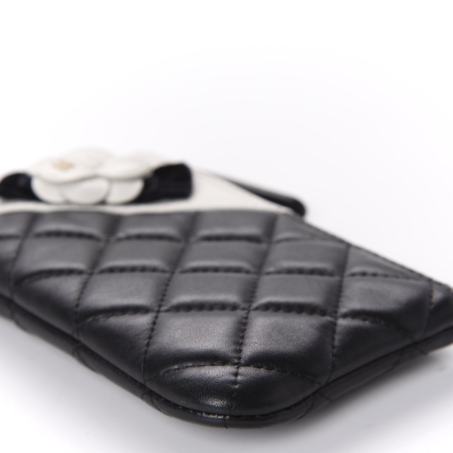 Chanel Lambskin Quilted Small Camellia Cosmetic Pouch Black White 7 of 9