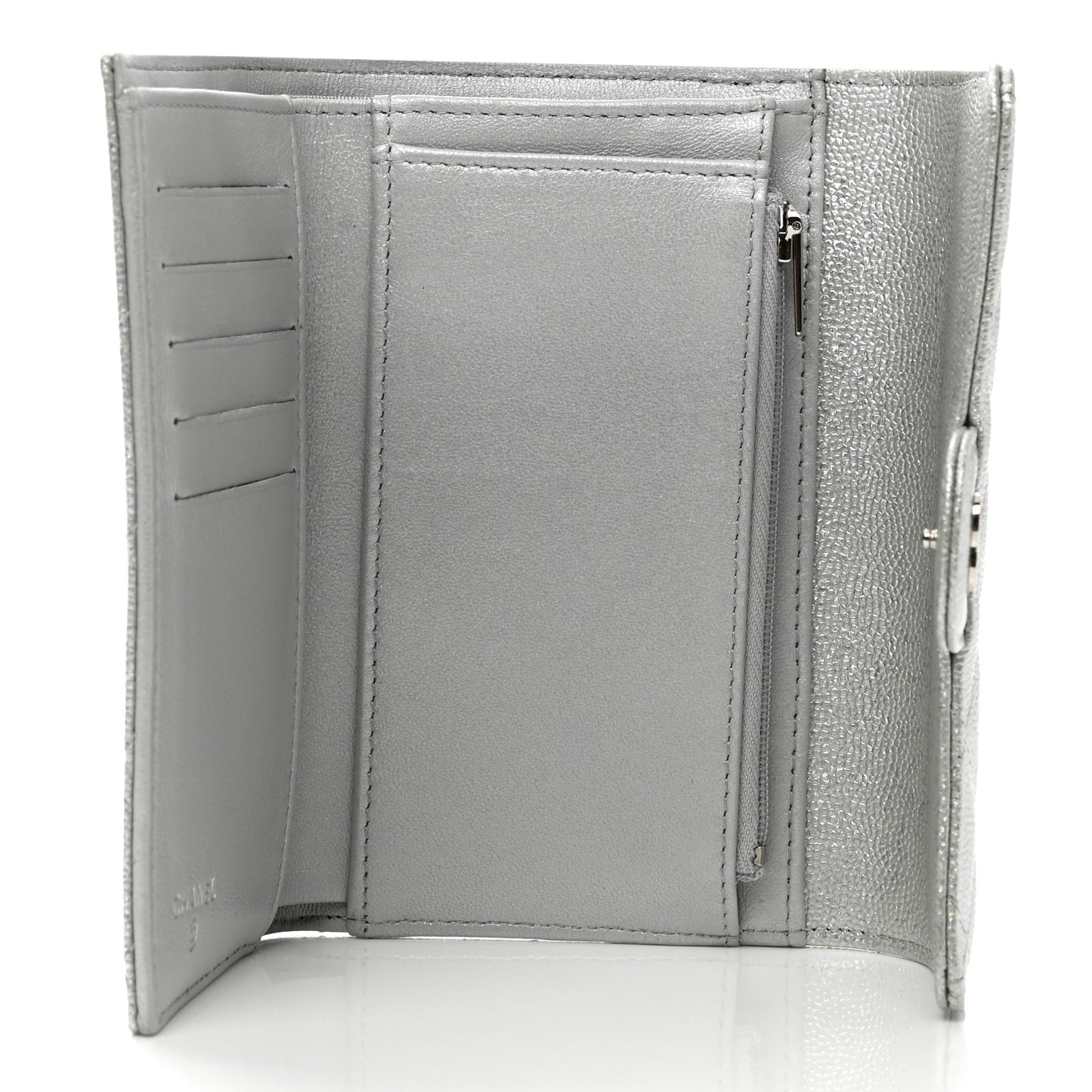 Glittered Metallic Caviar Quilted Medium Flap Wallet Silver