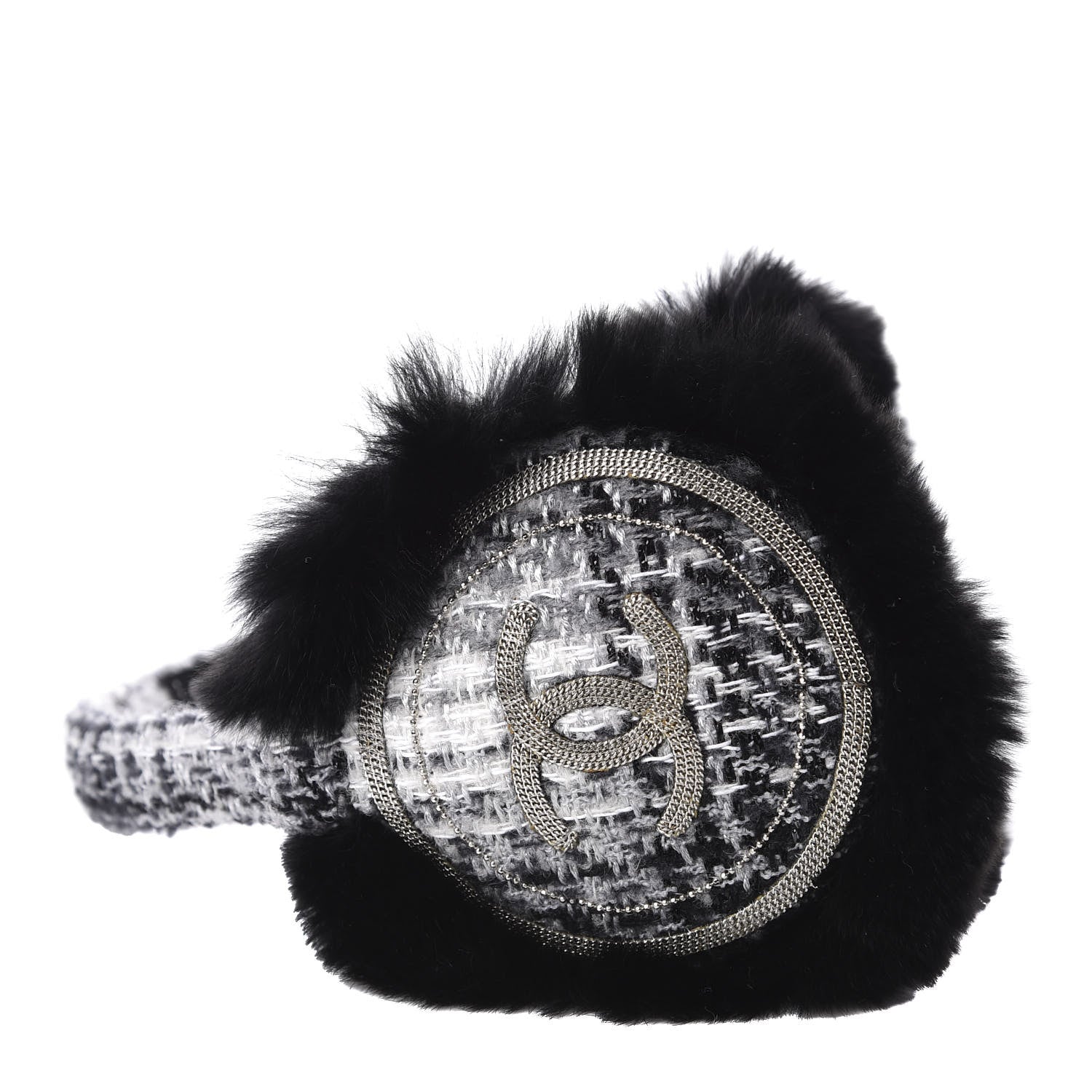 Chanel Rabbit Fur Tweed CC Ear Muffs Black White 1 of 5