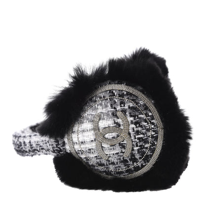 Chanel Rabbit Fur Tweed CC Ear Muffs Black White 1 of 5