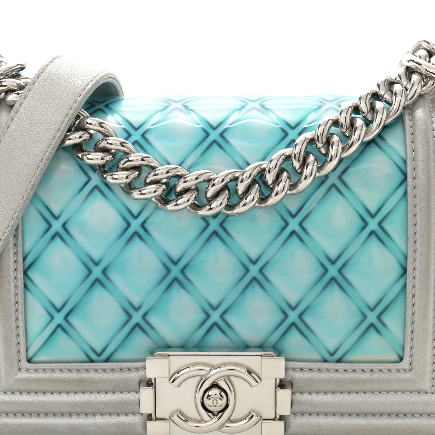 Iridescent Patent Calfskin PVC Quilted Small Boy Flap Blue