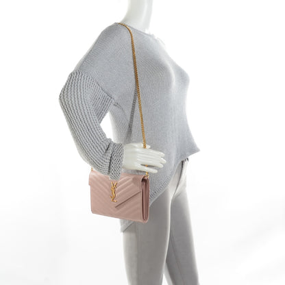 Saint Laurent Grain De Poudre Matelasse Chevron Monogram Chain Wallet Pale Blush 2 of 8