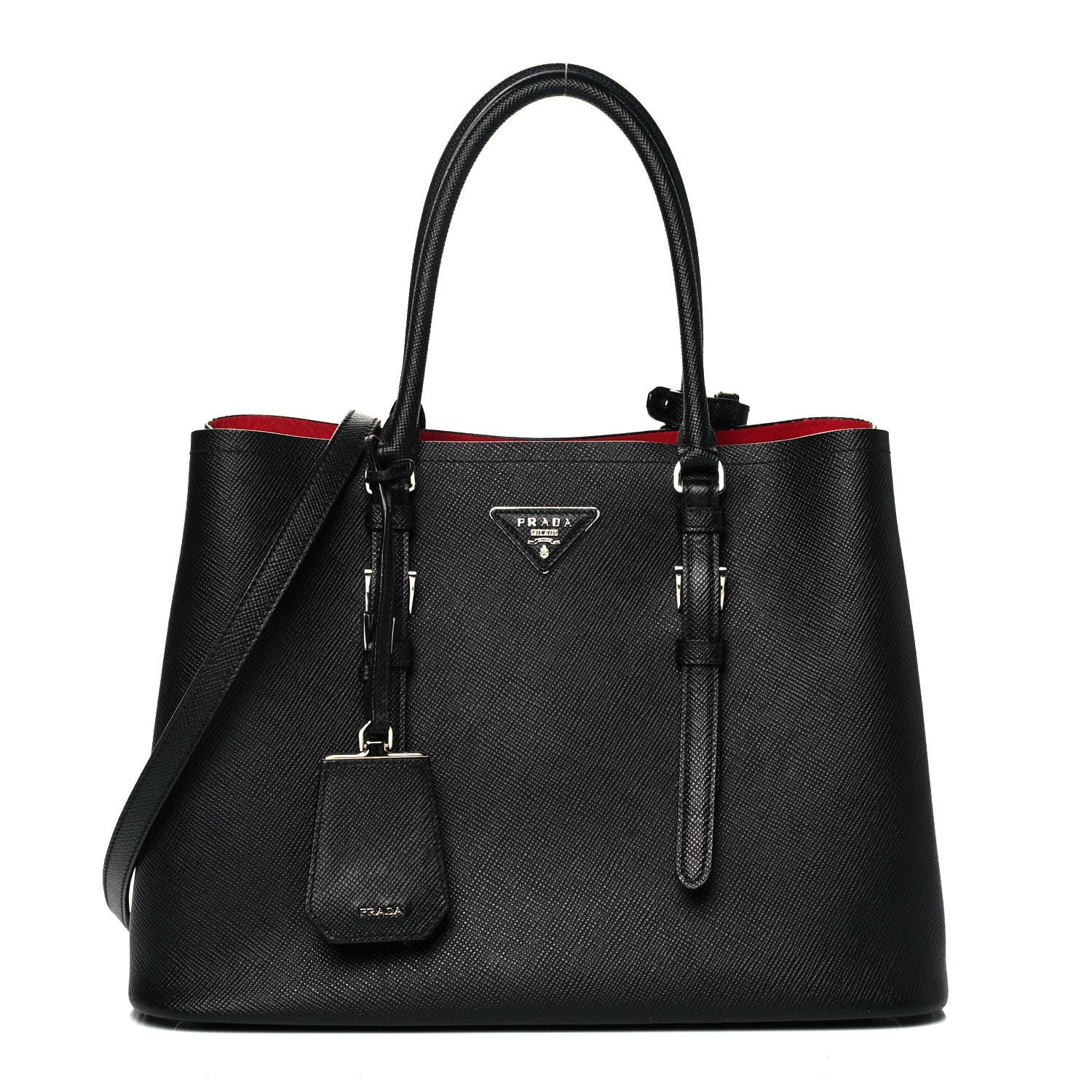 Prada Saffiano Cuir Medium Double Bag Black Fuoco 1 of 9