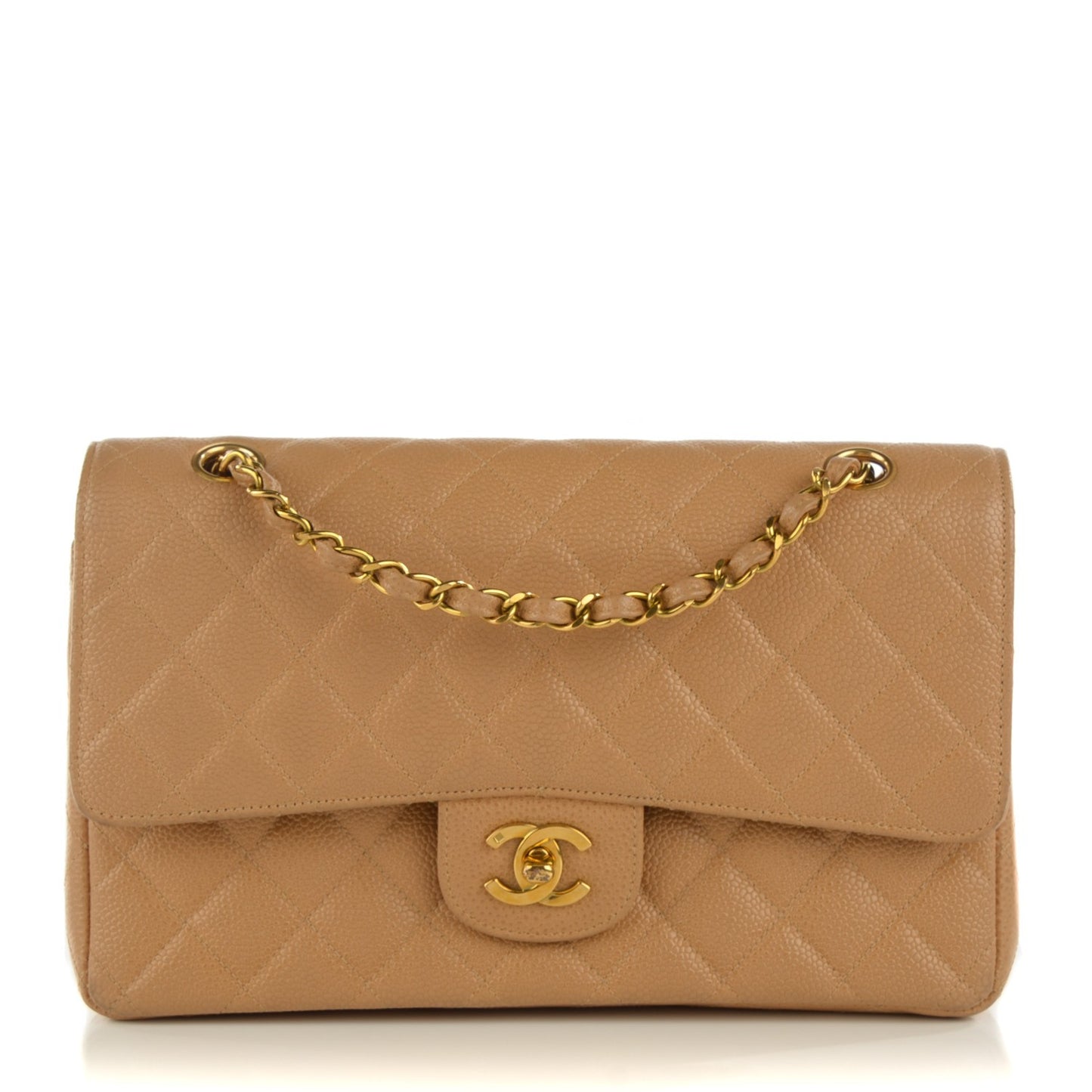 Caviar Quilted Medium Double Flap Beige