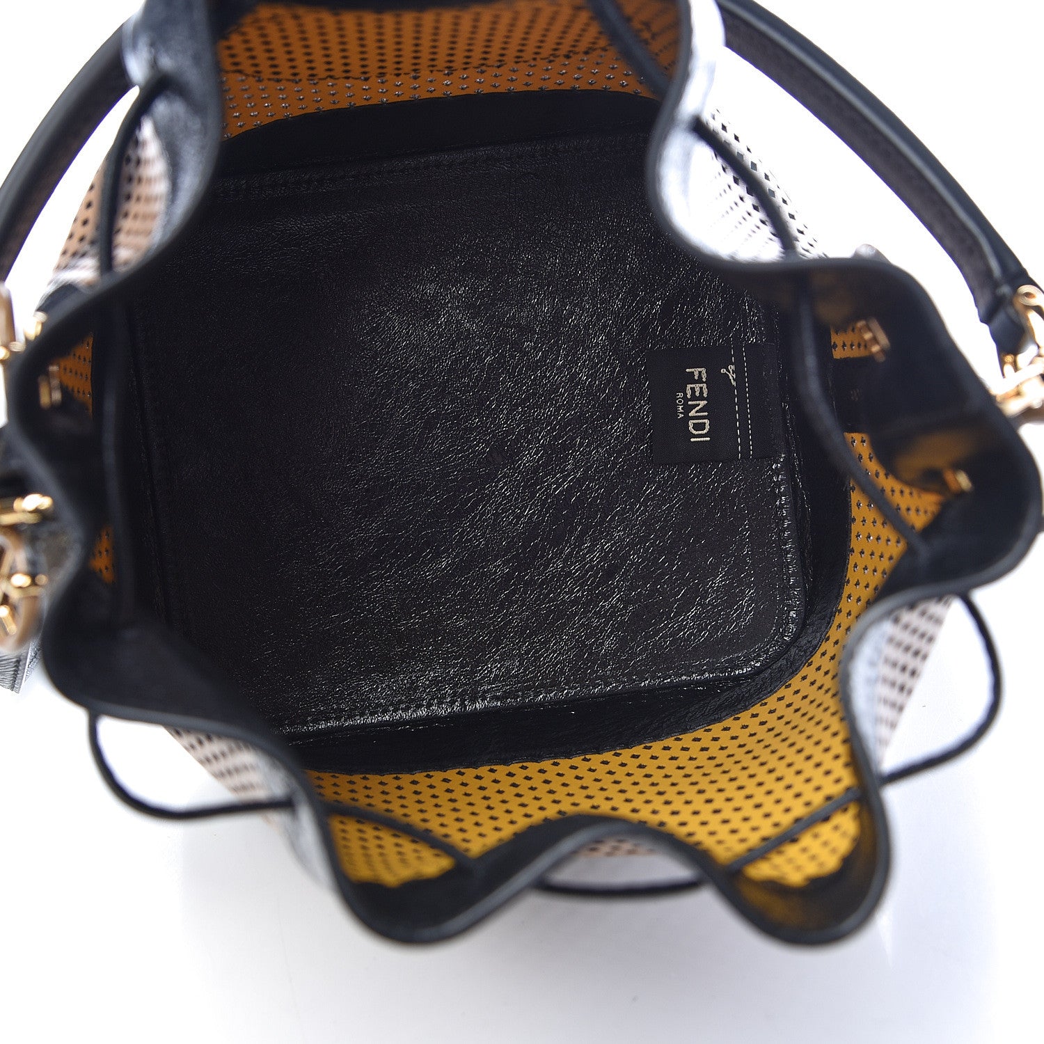 Fendi Vitello Liberty Glossy Lambskin F is Fendi Perforated Large Mon Tresor Bucket Bag Sand Mimosa Black 5 of 11
