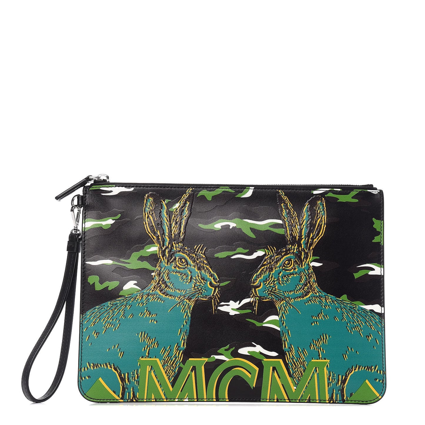 Calfskin Pop Rabbit Wristlet Zip Pouch Black