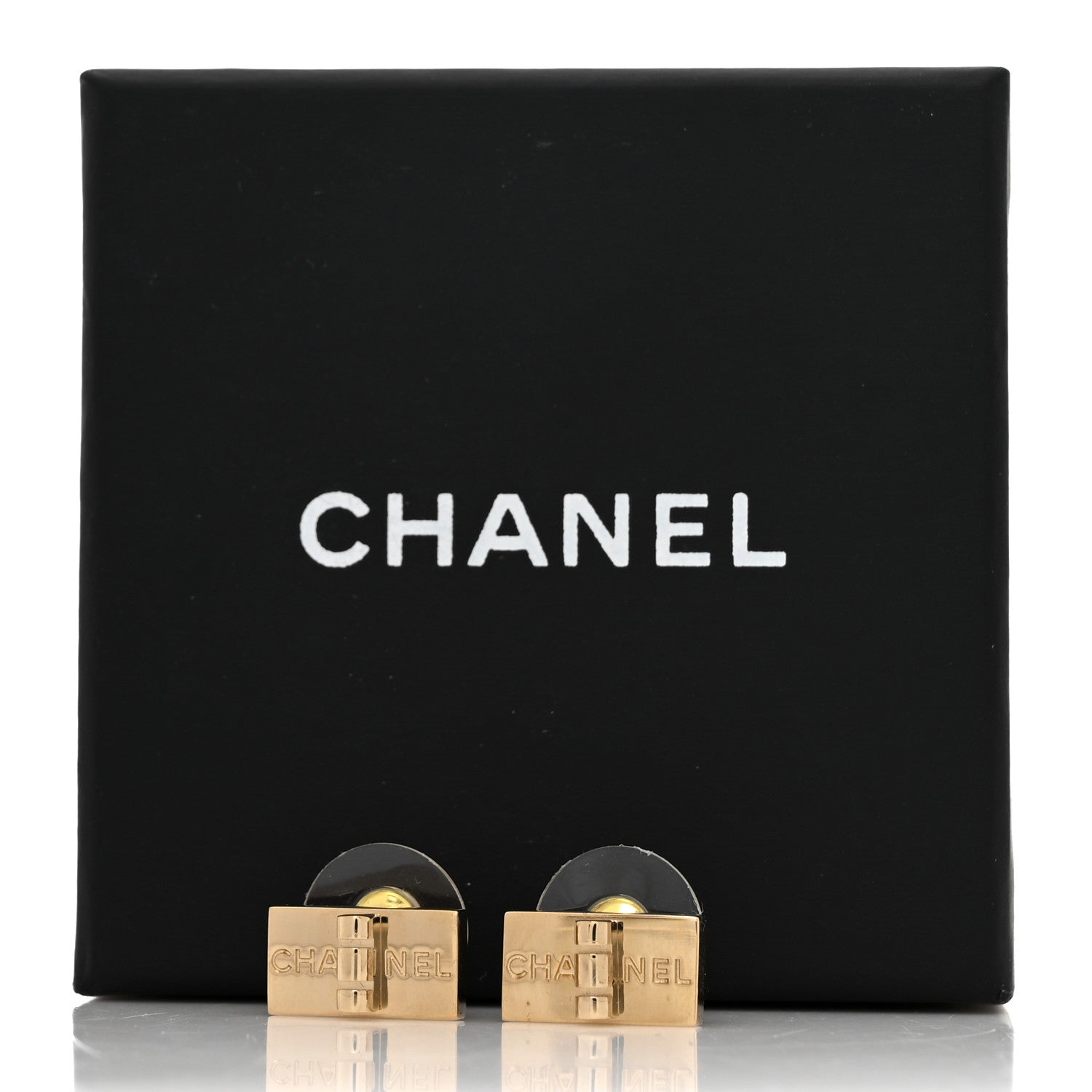 Chanel Metal Rectangle Logo Earrings Gold 7 of 7