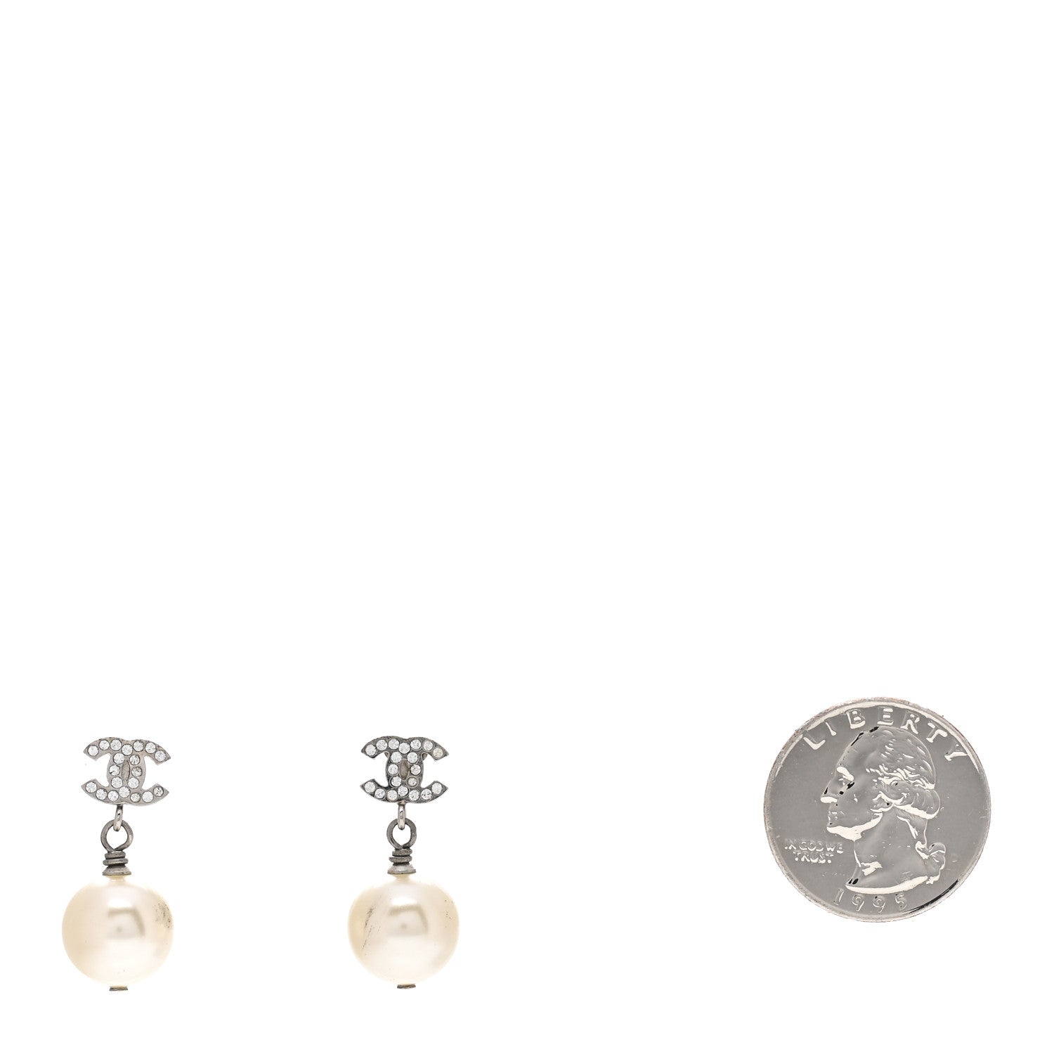 Chanel Crystal Pearl CC Drop Earrings Silver Pearly White 2 of 4