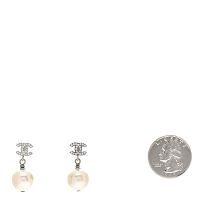 Chanel Crystal Pearl CC Drop Earrings Silver Pearly White 2 of 4
