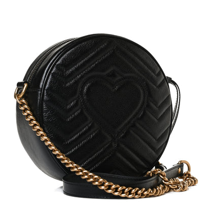 Gucci Azalea Calfskin Matelasse Heart Mini GG Marmont Round Shoulder Bag Black 3 of 12