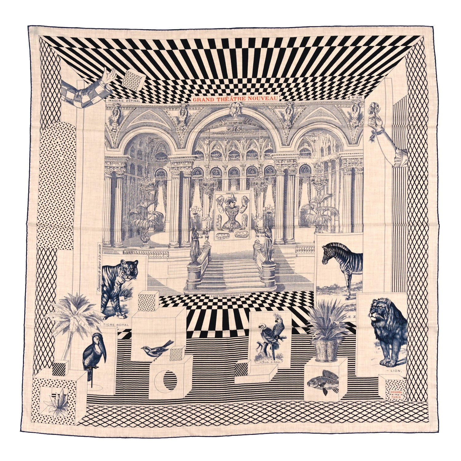 Hermes Cashmere Silk Grand Theatre Nouveau Shawl 140 Naturel Marine Black 1 of 3