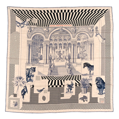 Hermes Cashmere Silk Grand Theatre Nouveau Shawl 140 Naturel Marine Black 1 of 3