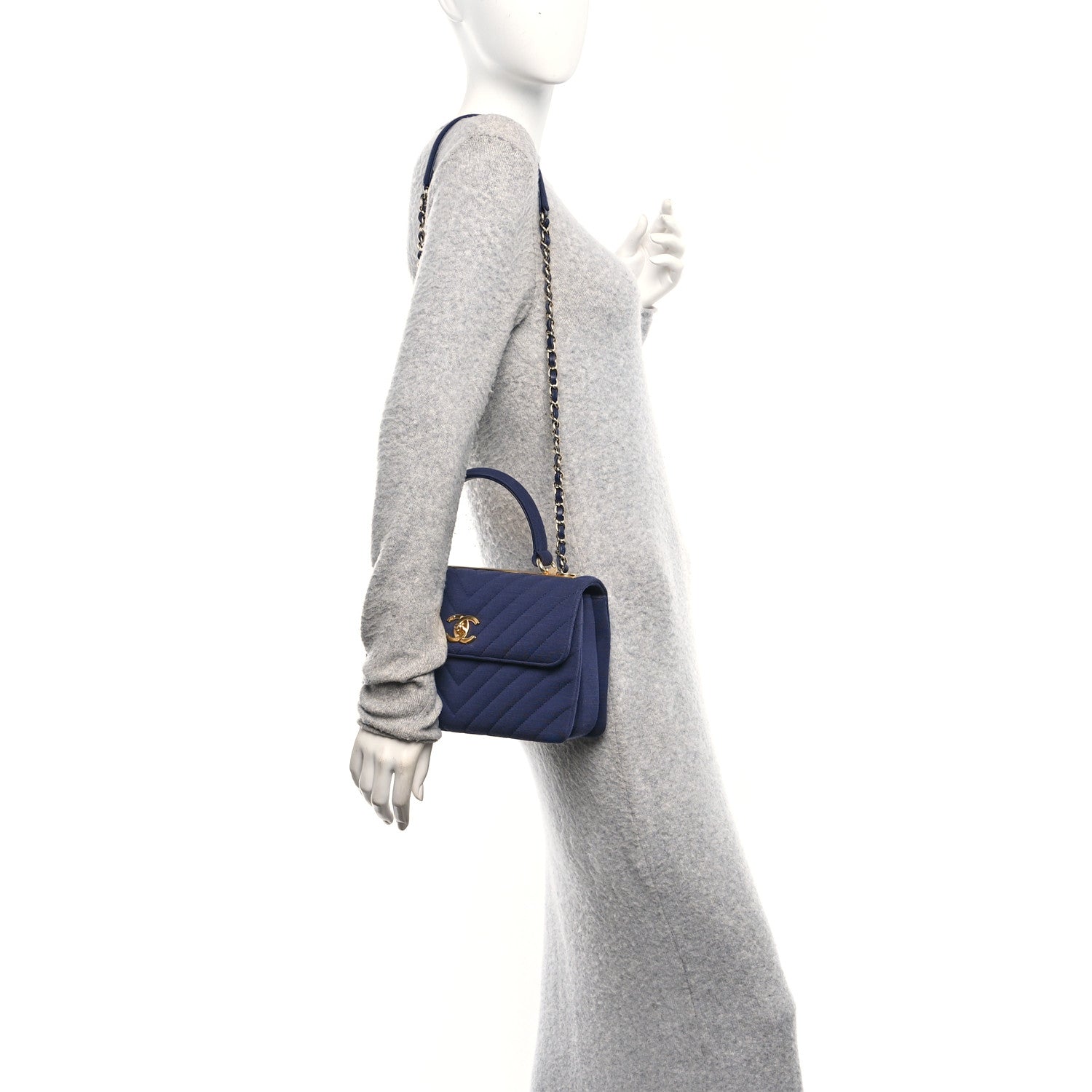 Chanel Jersey Chevron Quilted Small Trendy CC Dual Handle Flap Bag Navy Blue 2 of 11