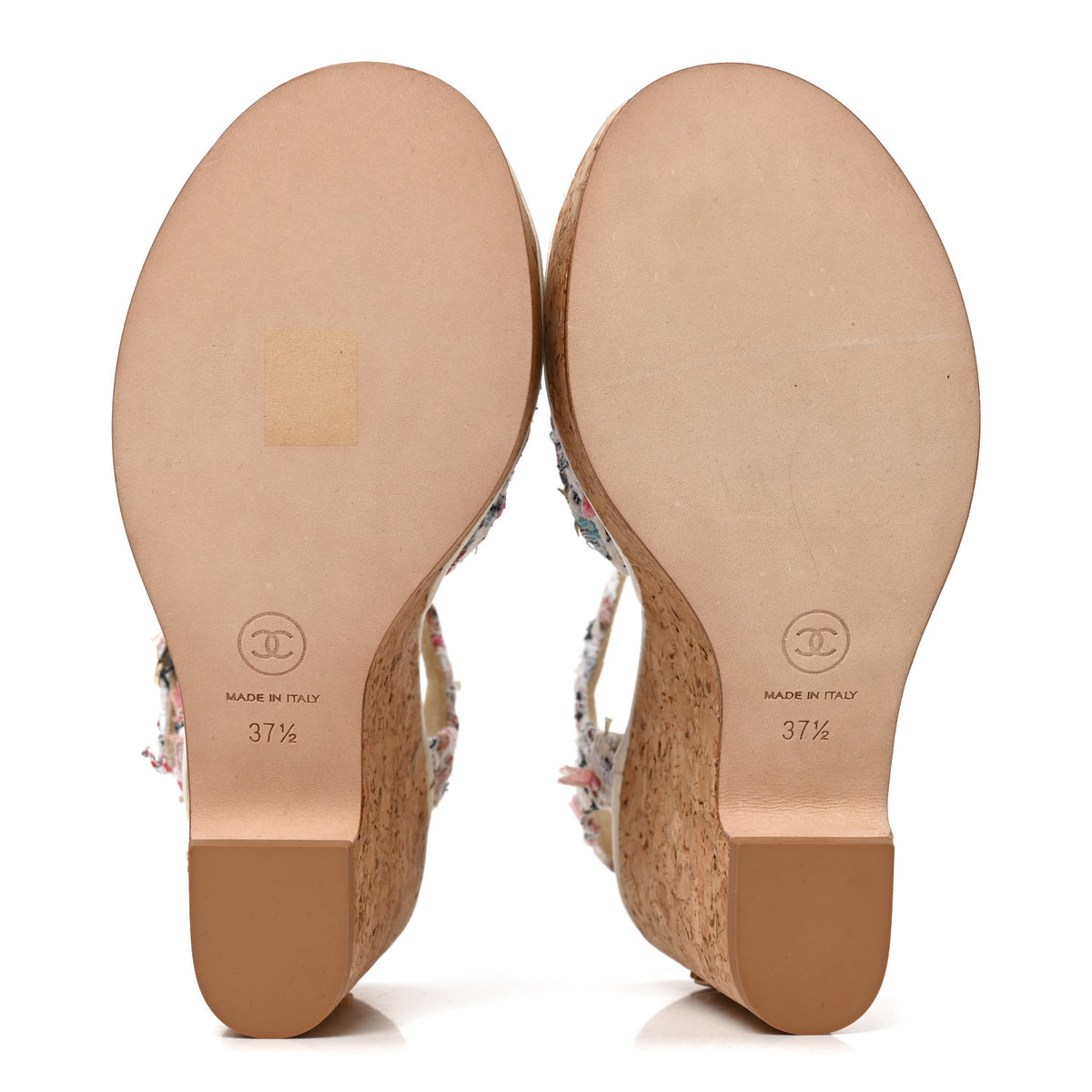 Chanel Tweed Cork CC Wedge Sandals 37.5 Ecru Pink Blue Green 6 of 8