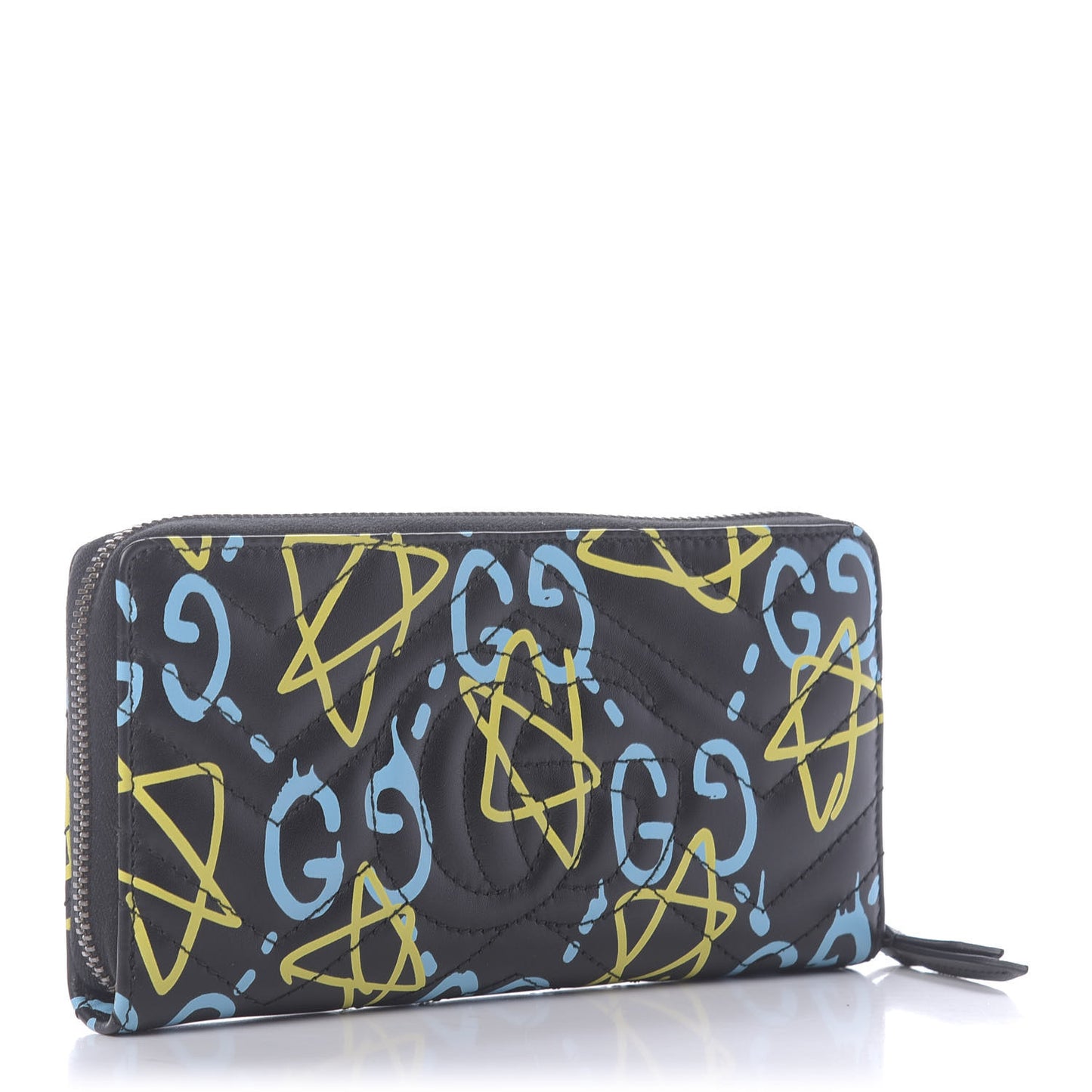 Calfskin Matelasse GucciGhost GG Marmont Zip Around Wallet Black New Acquamarine