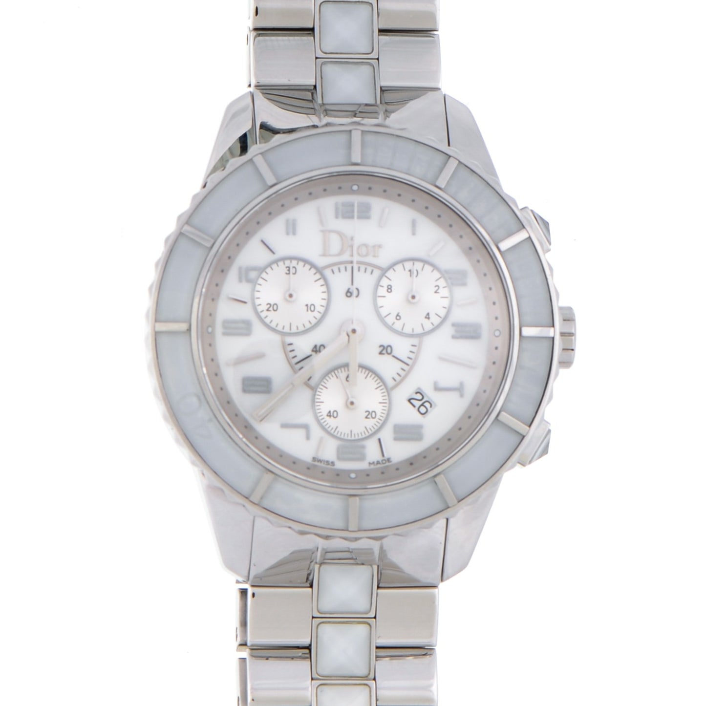 Stainless Steel Diamond Sapphire 38mm Christal Chronograph Quartz Watch White