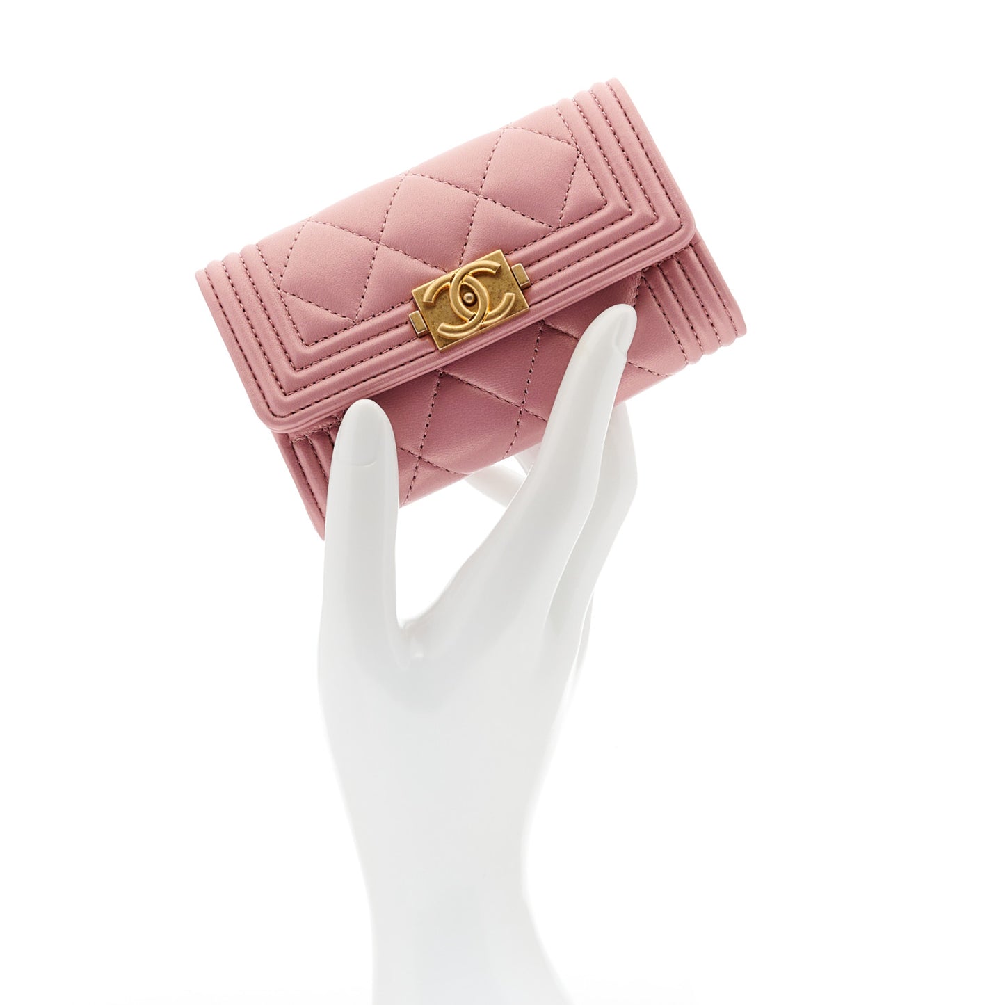 Metallic Lambskin Quilted Boy Card Holder Wallet Pink