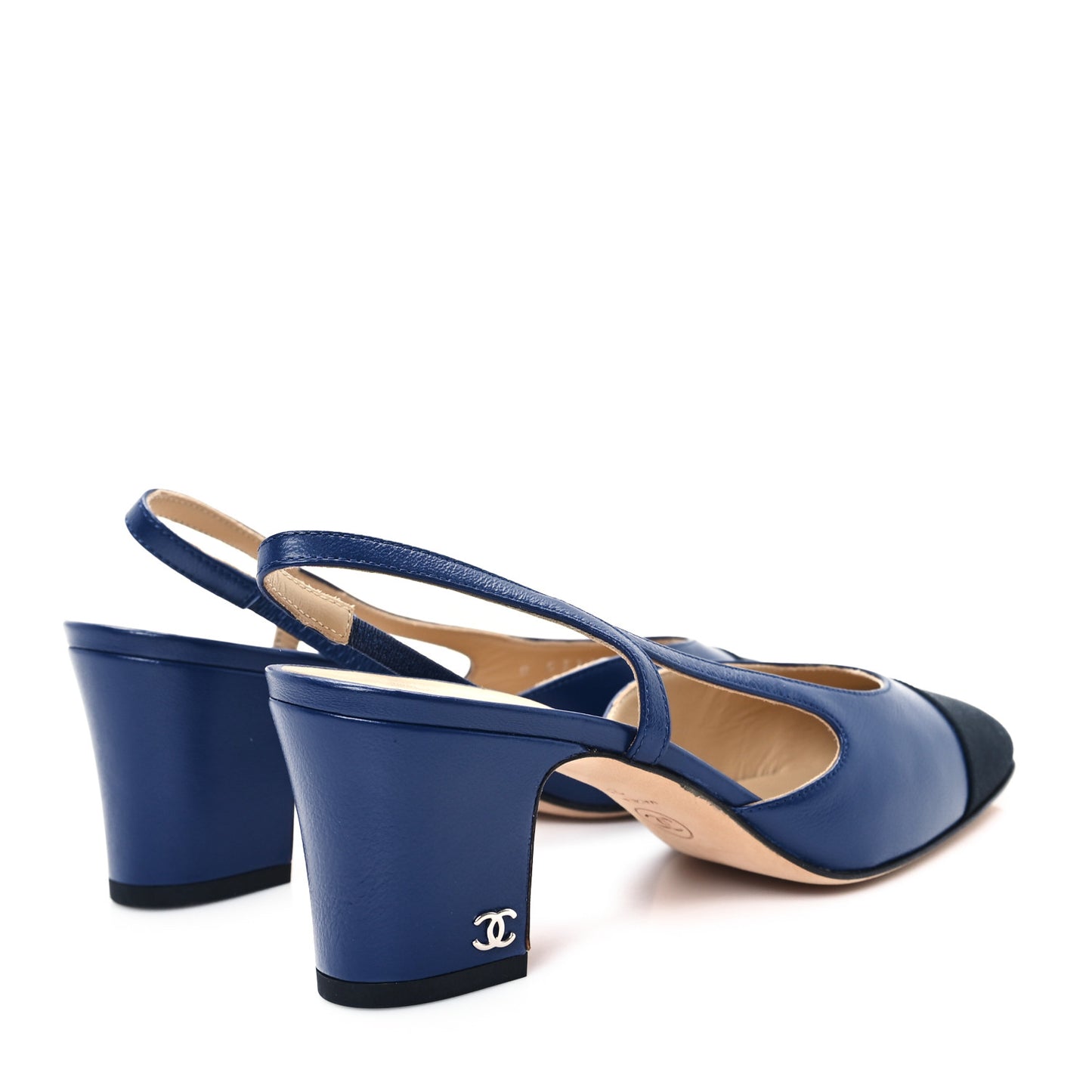 Goatskin Grosgrain Cap Toe CC Slingback Pumps 36.5 Navy Black