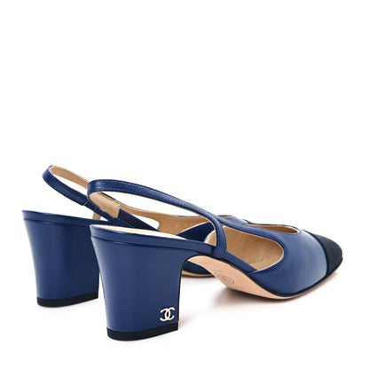 Chanel Goatskin Grosgrain Cap Toe CC Slingback Pumps 36.5 Navy Black 5 of 10