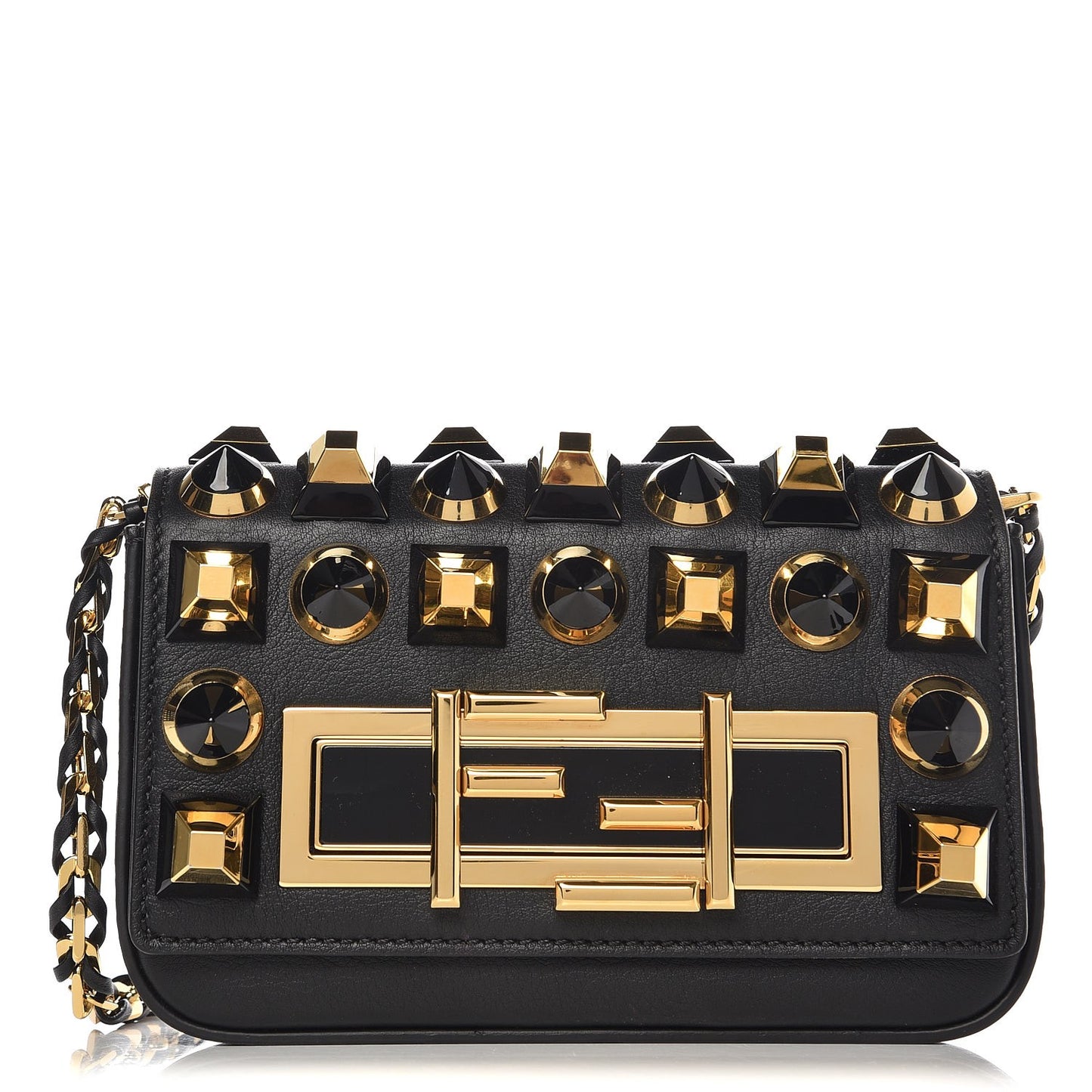 Vitello Dolce Studded Mini 3Baguette Shoulder Bag Black Gold