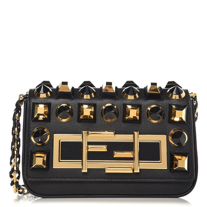 Fendi Vitello Dolce Studded Mini 3Baguette Shoulder Bag Black Gold 1 of 6