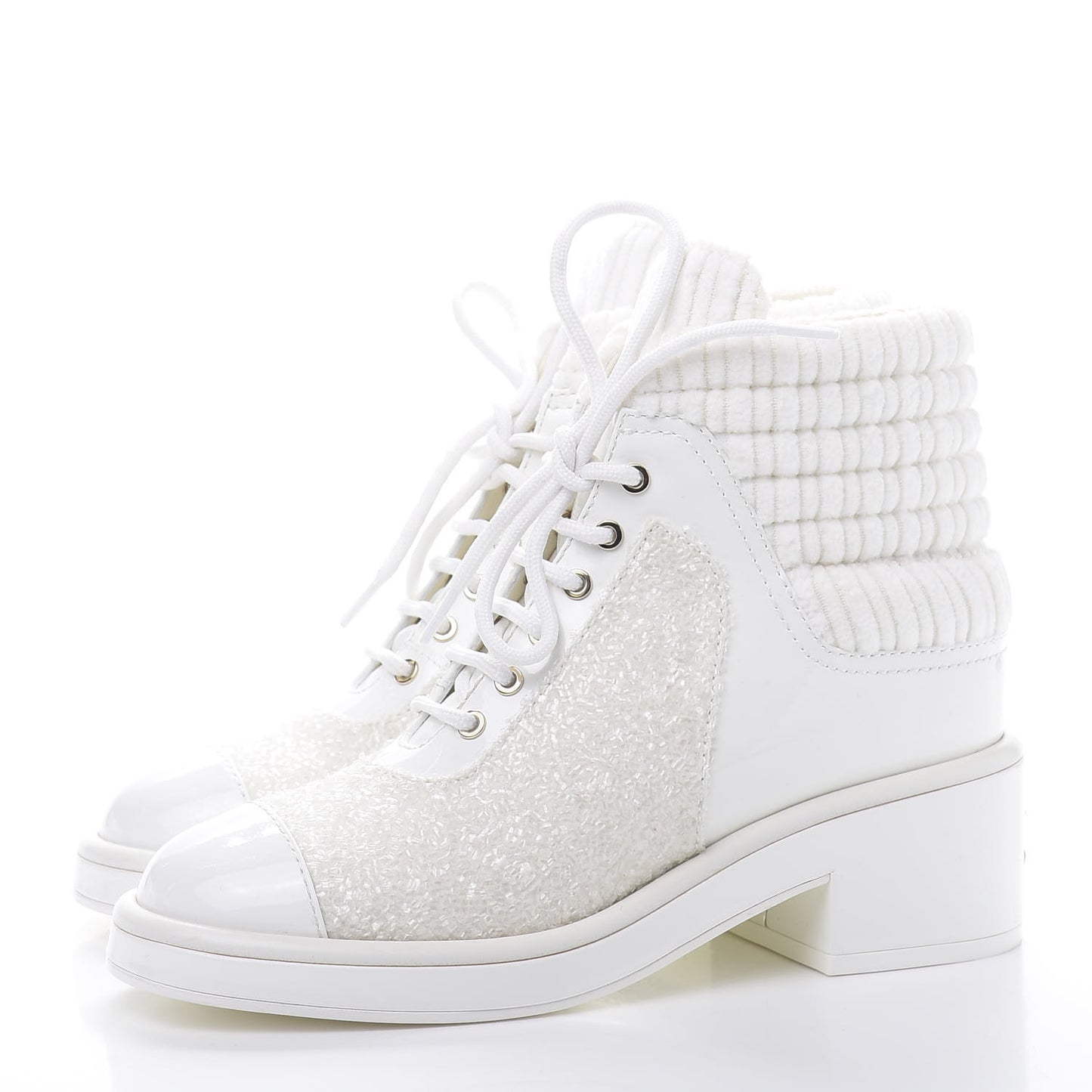 Tweed Patent Calfskin Velvet Lace Up Boots 37 White