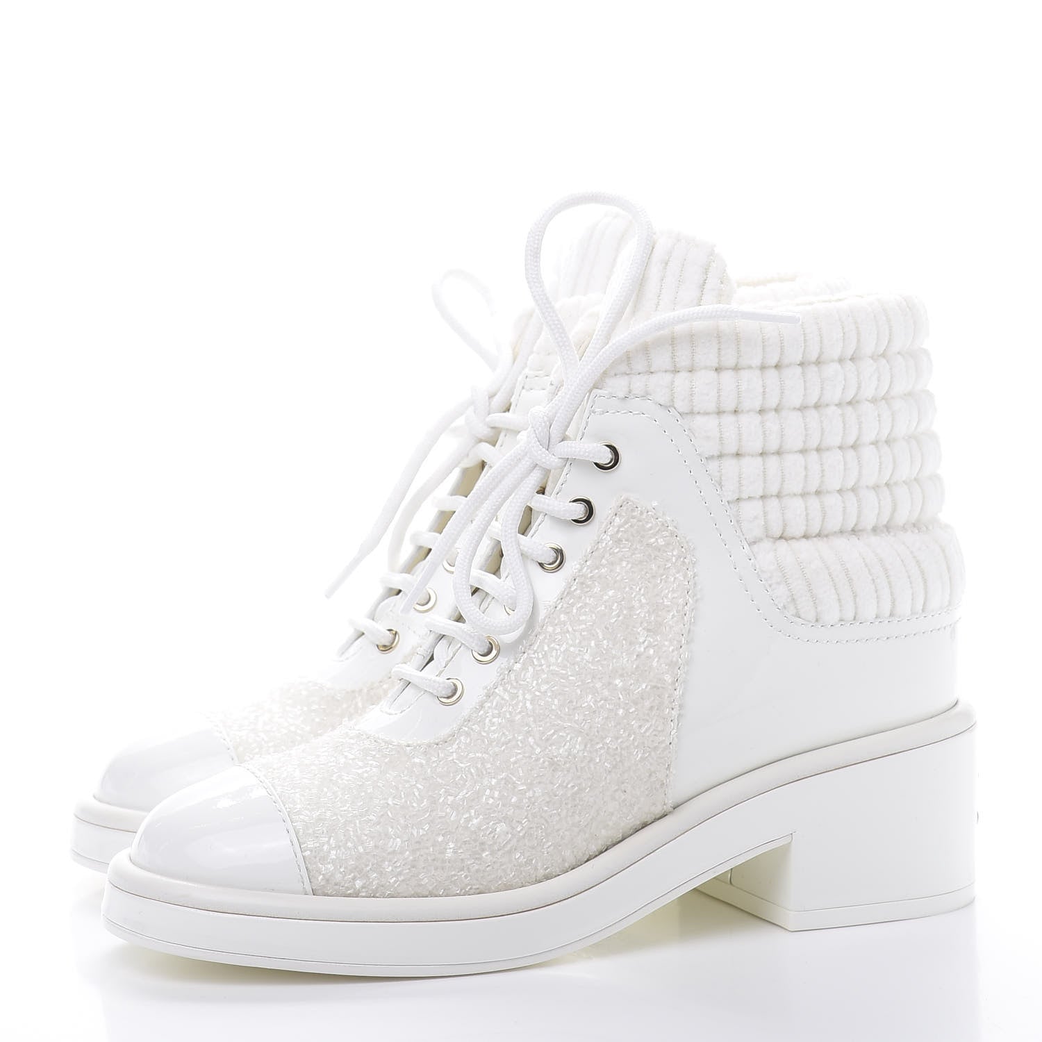 Chanel Tweed Patent Calfskin Velvet Lace Up Boots 37 White 3 of 10